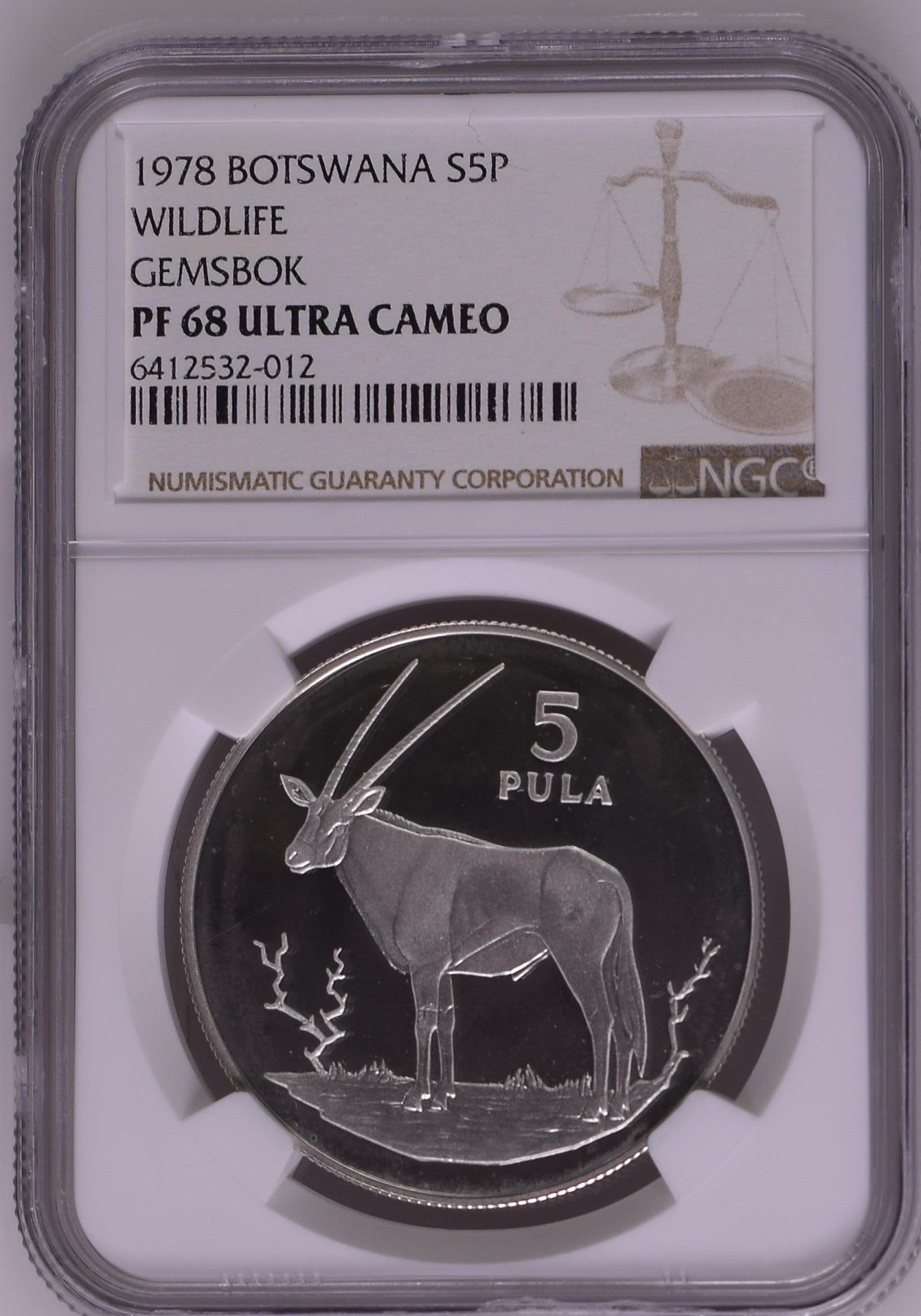 长老汇龙年精选第二场 1978 博兹瓦纳野生动物保护基金会大羚羊5普拉精制银币，NGC PF68UC