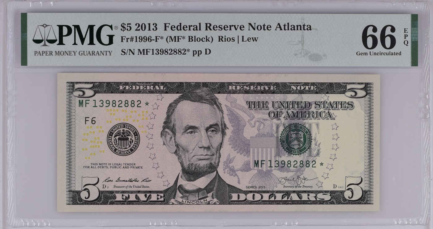 PMG美元专场 大头彩补号序列号:MF13982882* 5美元绿库印联邦券Federal Reserve Note Atlanta, $5 2013 Small Size