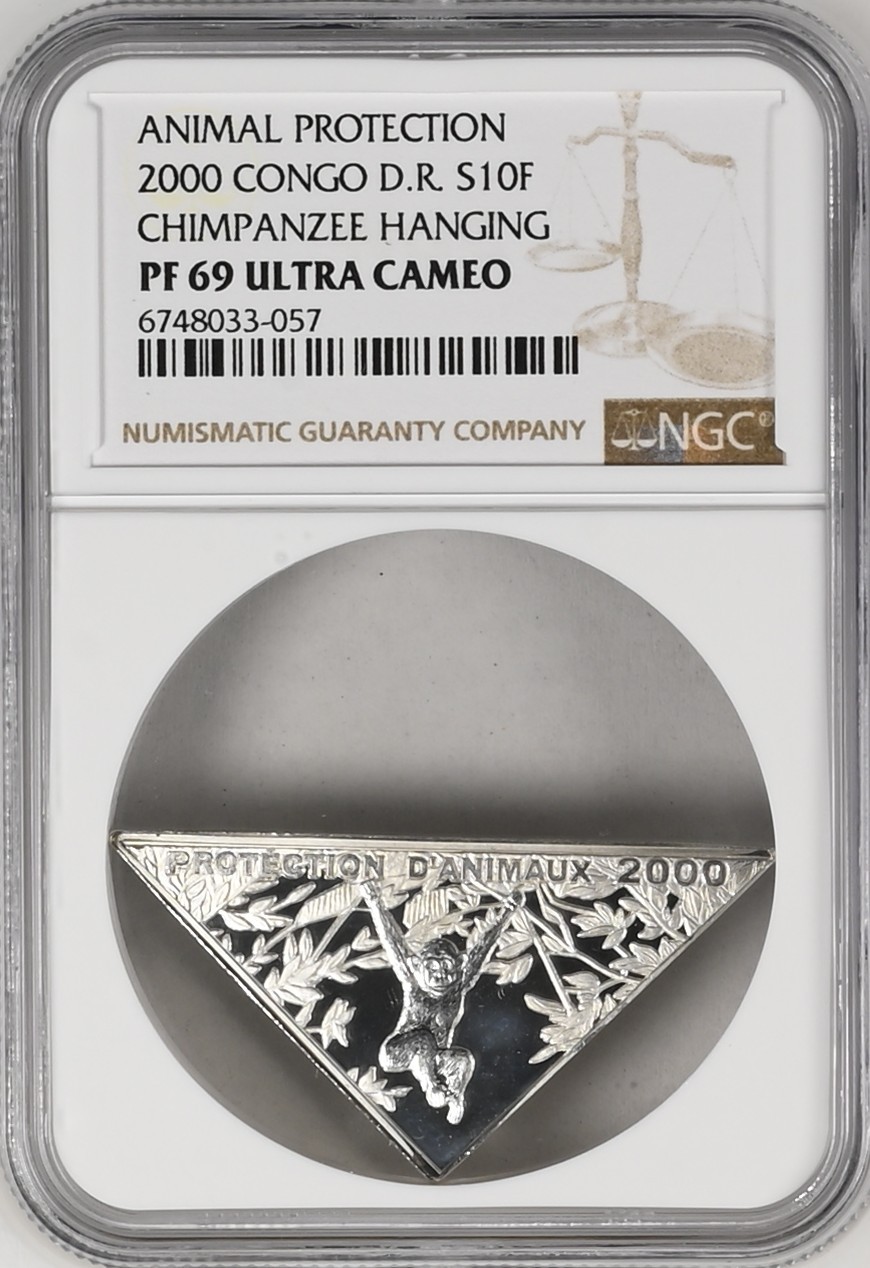 长老汇龙年精选第二场 2000 刚果动物保护系列攀爬的大猩猩10法郎精制三角形银币，NGC PF69UC，唯一冠军分