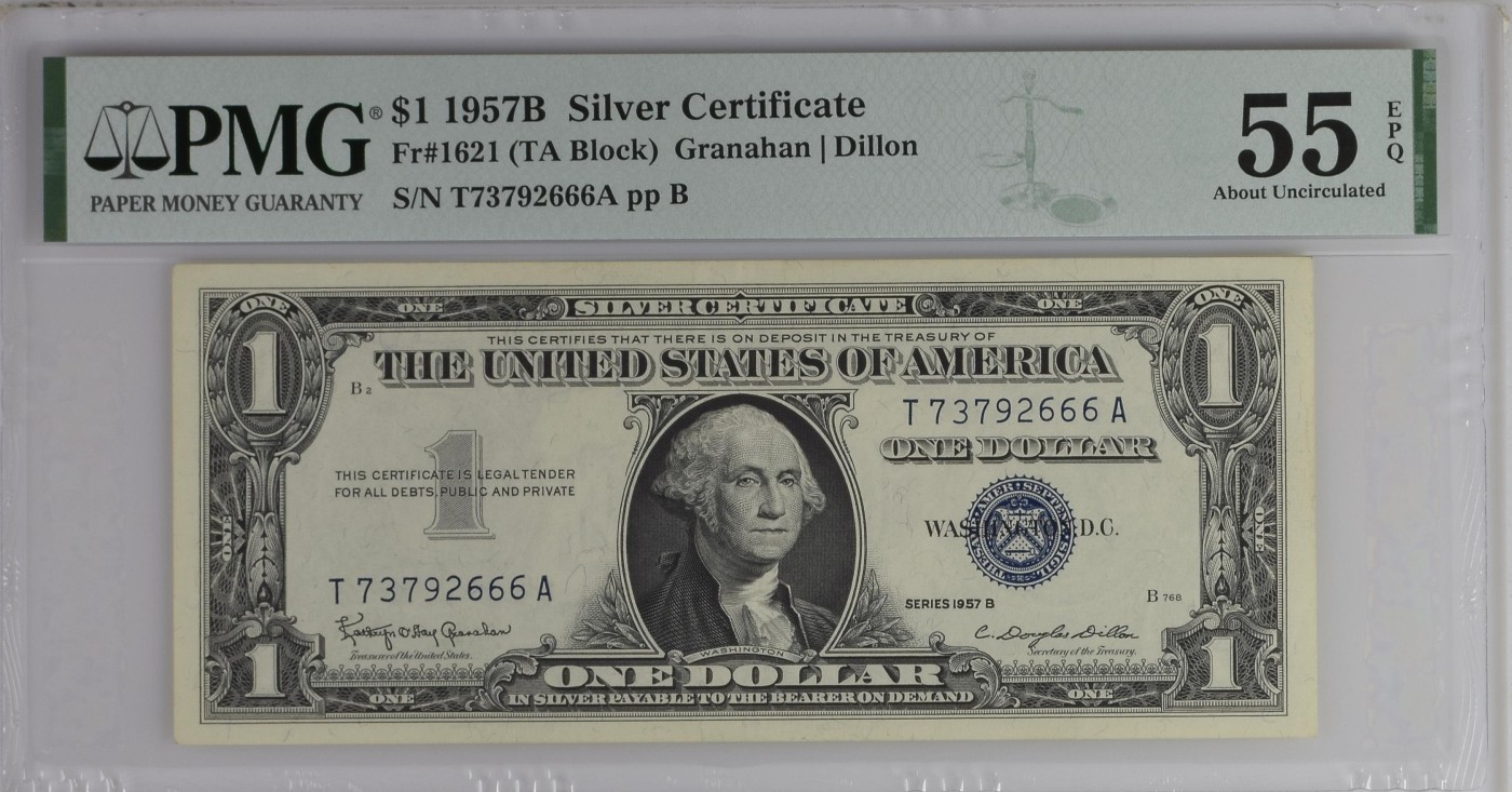 PMG美元专场 豹子6序列号:T73792666A 1美元蓝库印银圆券Silver Certificate, $1 1957B Small Size