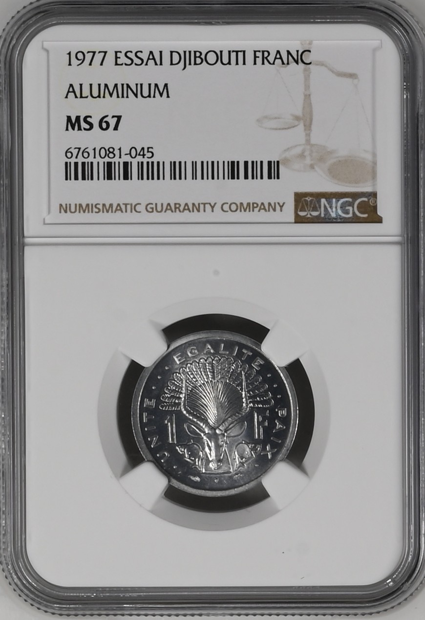 长老汇龙年精选第二场 1977 吉布提1法郎铝制样币，NGC MS67, 亚军分，更高分仅有一枚，发行量1700枚