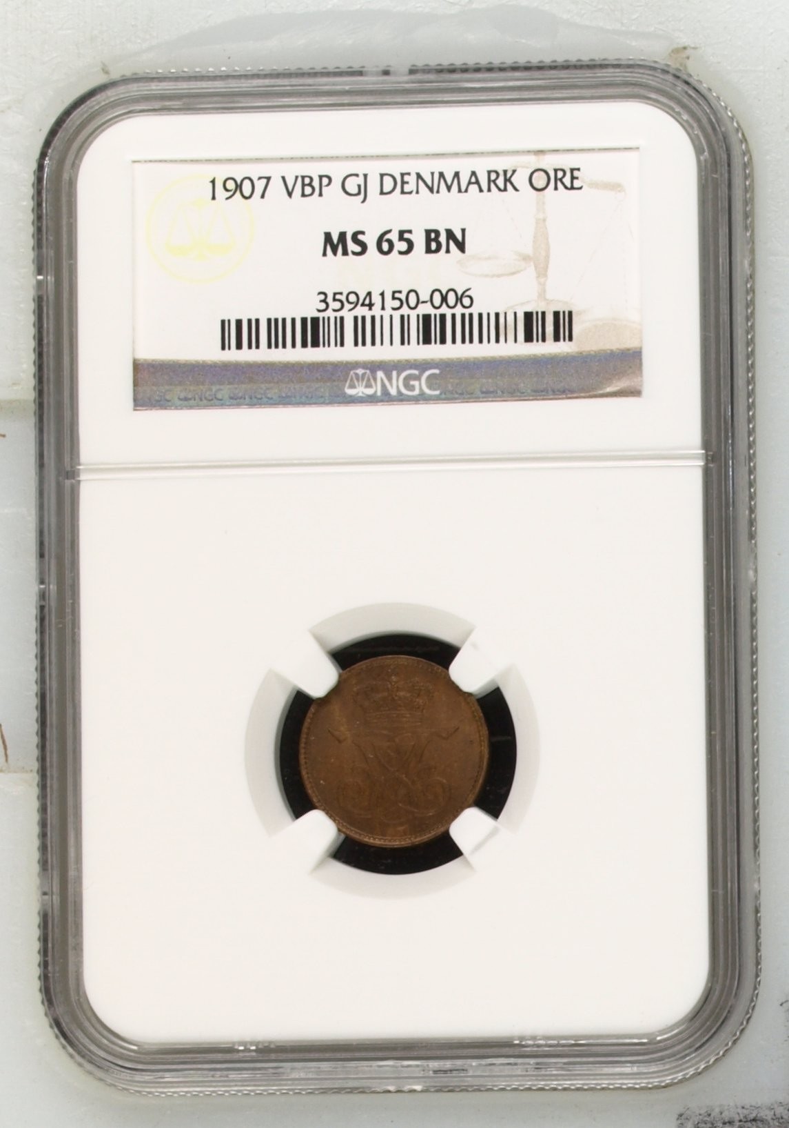 长老汇龙年精选第二场 1907 VBP GJ 丹麦1欧尔铜币，NGC65BN，季军分