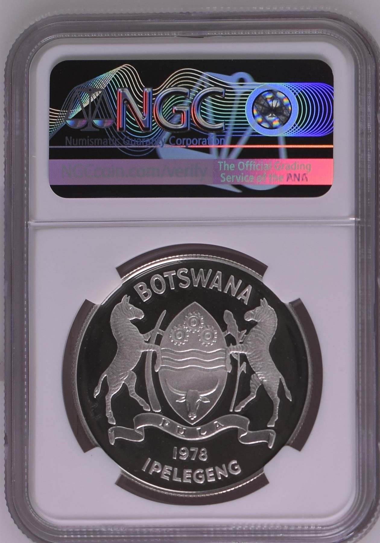 长老汇龙年精选第二场 1978 博兹瓦纳野生动物保护基金会大羚羊5普拉精制银币，NGC PF68UC