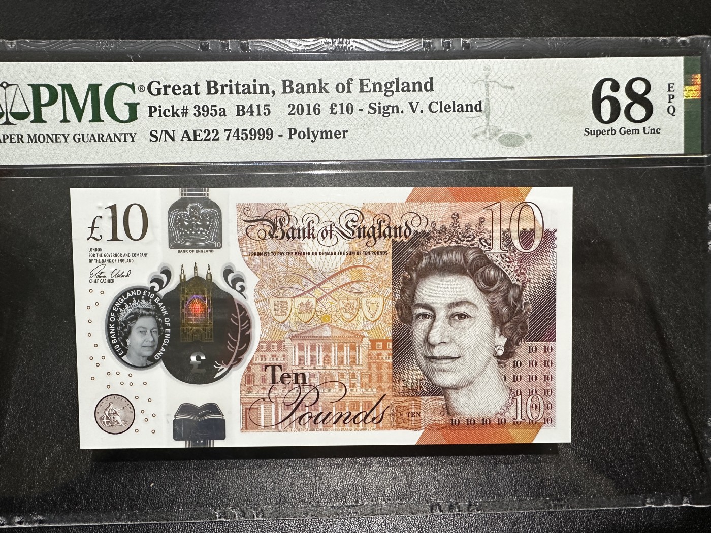 《外钞收藏家》第三百四十五期 2016年英国塑料钞10镑 PMG68 豹子号999