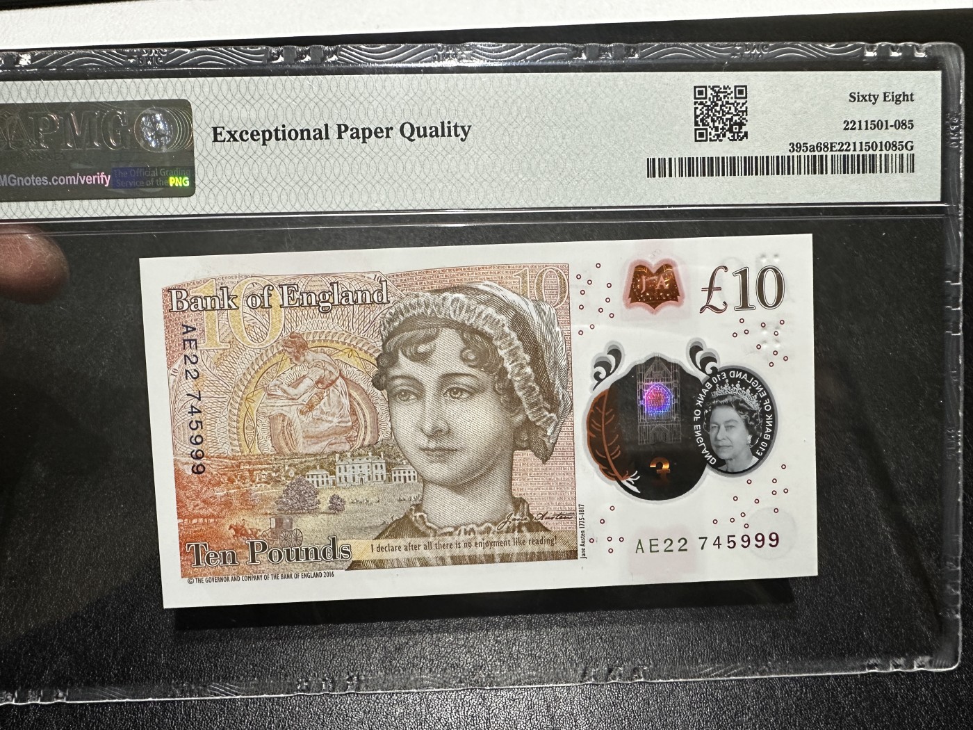 《外钞收藏家》第三百四十五期 2016年英国塑料钞10镑 PMG68 豹子号999