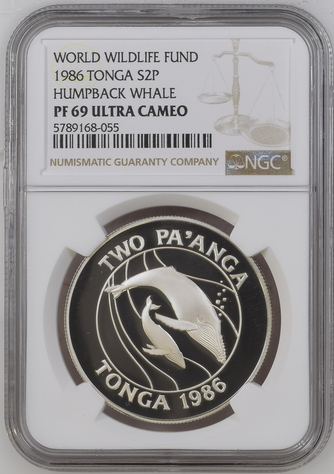 长老汇龙年精选第二场 1986 汤加野生动物保护基金会座头鲸2潘加精制银币，NGC PF69UC，更高分仅有三枚