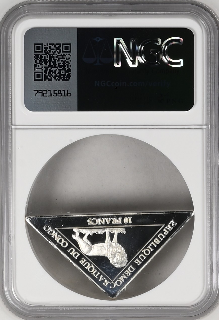 长老汇龙年精选第二场 2000 刚果动物保护系列攀爬的大猩猩10法郎精制三角形银币，NGC PF69UC，唯一冠军分