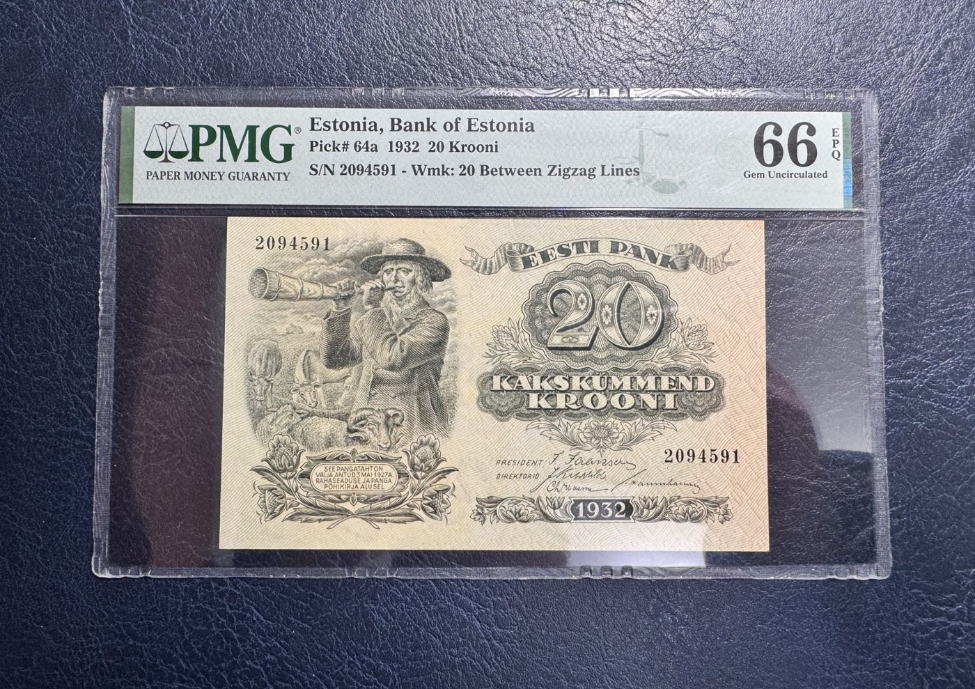 收藏联盟Quantum Auction 第328期拍卖  爱沙尼亚1932年20克朗 PMG66 牧羊人