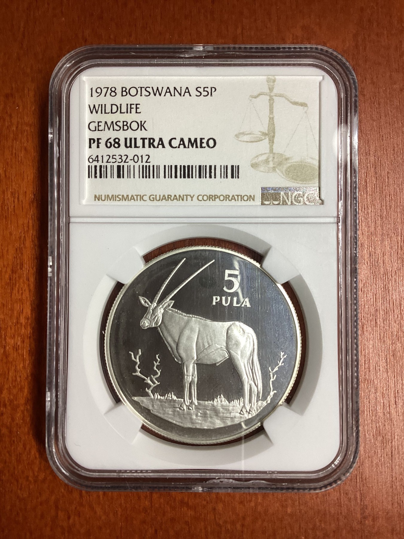 长老汇龙年精选第二场 1978 博兹瓦纳野生动物保护基金会大羚羊5普拉精制银币，NGC PF68UC