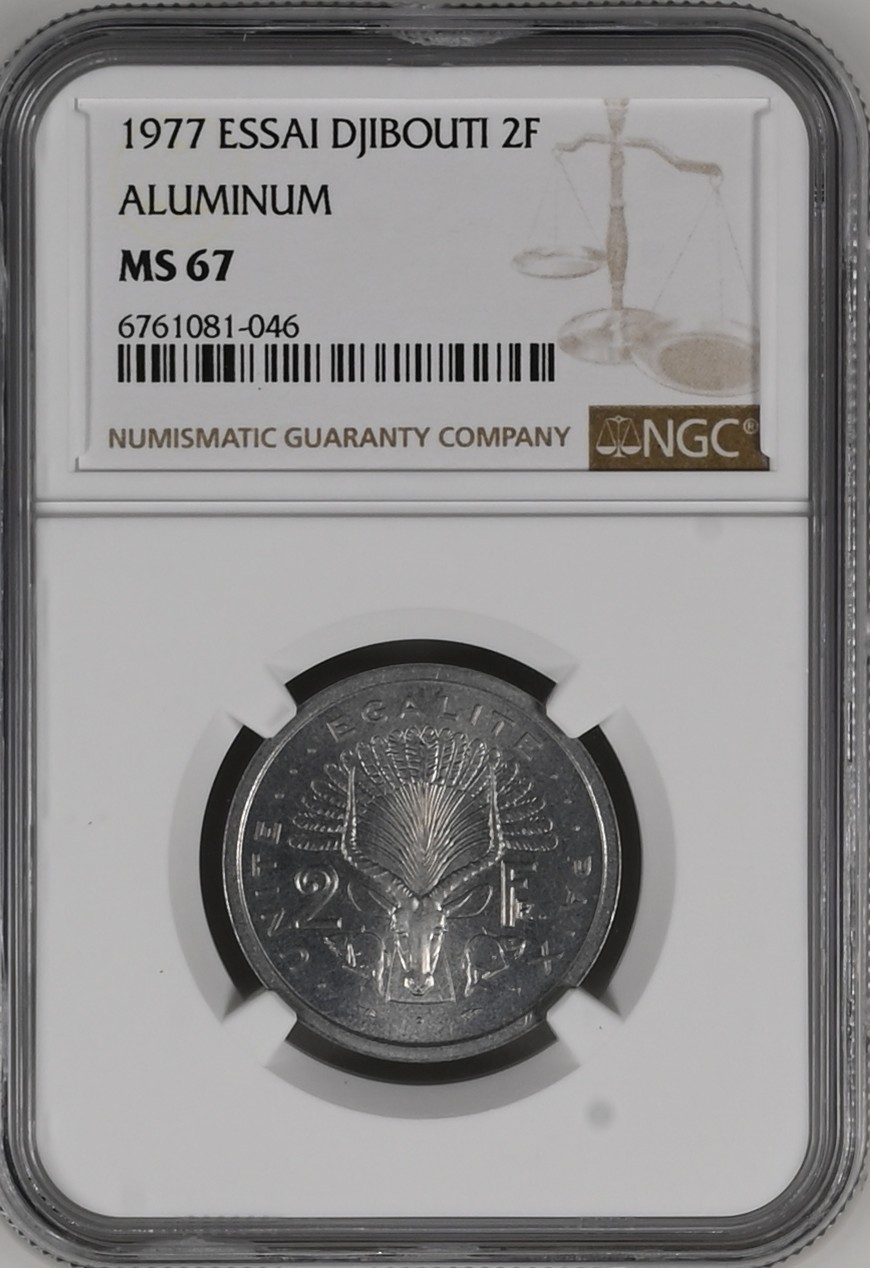 长老汇龙年精选第二场 1977 吉布提2法郎铝制样币，NGC MS67, 亚军分，更高分仅有一枚，发行量1700枚