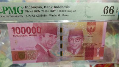 【世界钱币】精选微拍第94期暨2024年第五期 评级币裸钞场 【一口价已售出】2016年印度尼西亚100000卢比 无47豹子号888 PMG66E