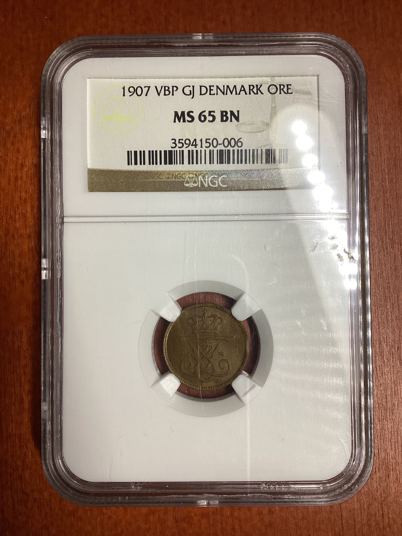 长老汇龙年精选第二场 1907 VBP GJ 丹麦1欧尔铜币，NGC65BN，季军分