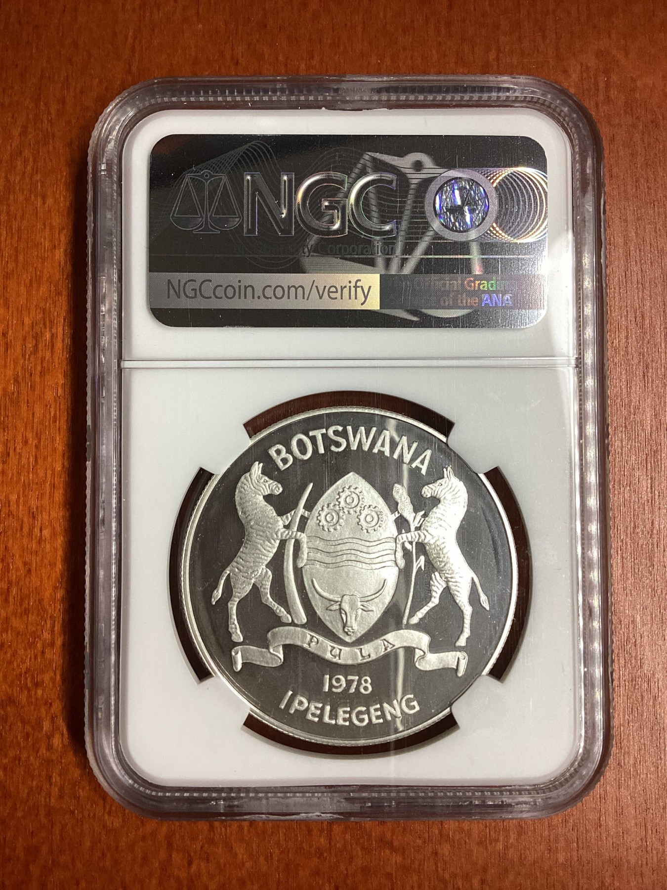 长老汇龙年精选第二场 1978 博兹瓦纳野生动物保护基金会大羚羊5普拉精制银币，NGC PF68UC