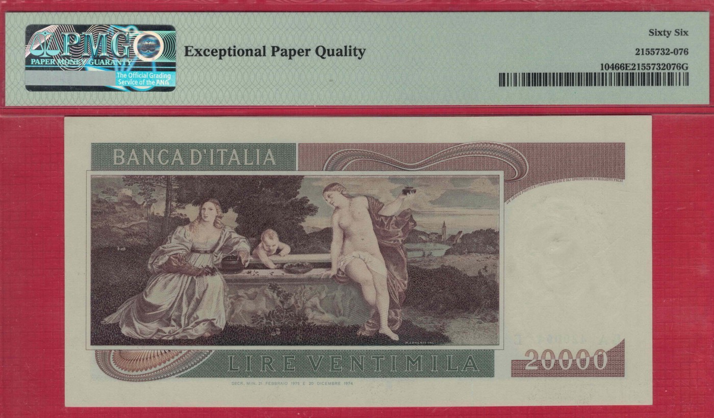 意大利1975年20000里拉 P-104 欧洲纸币 实物图 UNC