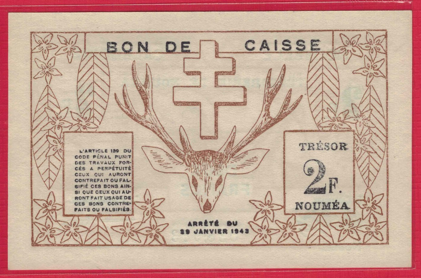 新喀里多尼亚1943年2法郎 P-56 大洋洲纸币 实物图 UNC
