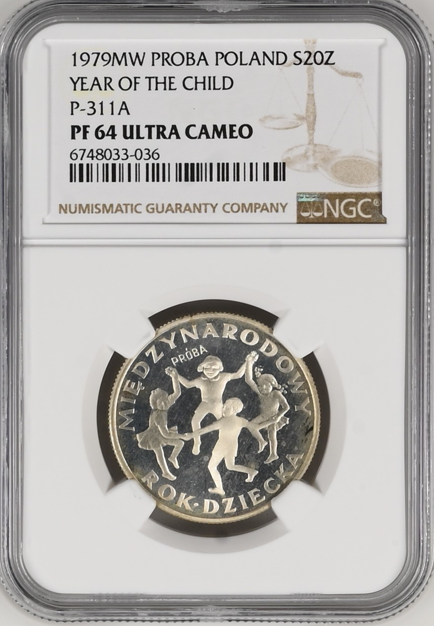 长老汇龙年精选第二场 1979MW PROBA 波兰儿童节20兹罗提精制银样币，NGC PF64UC，唯二亚军分，更高分仅有一枚