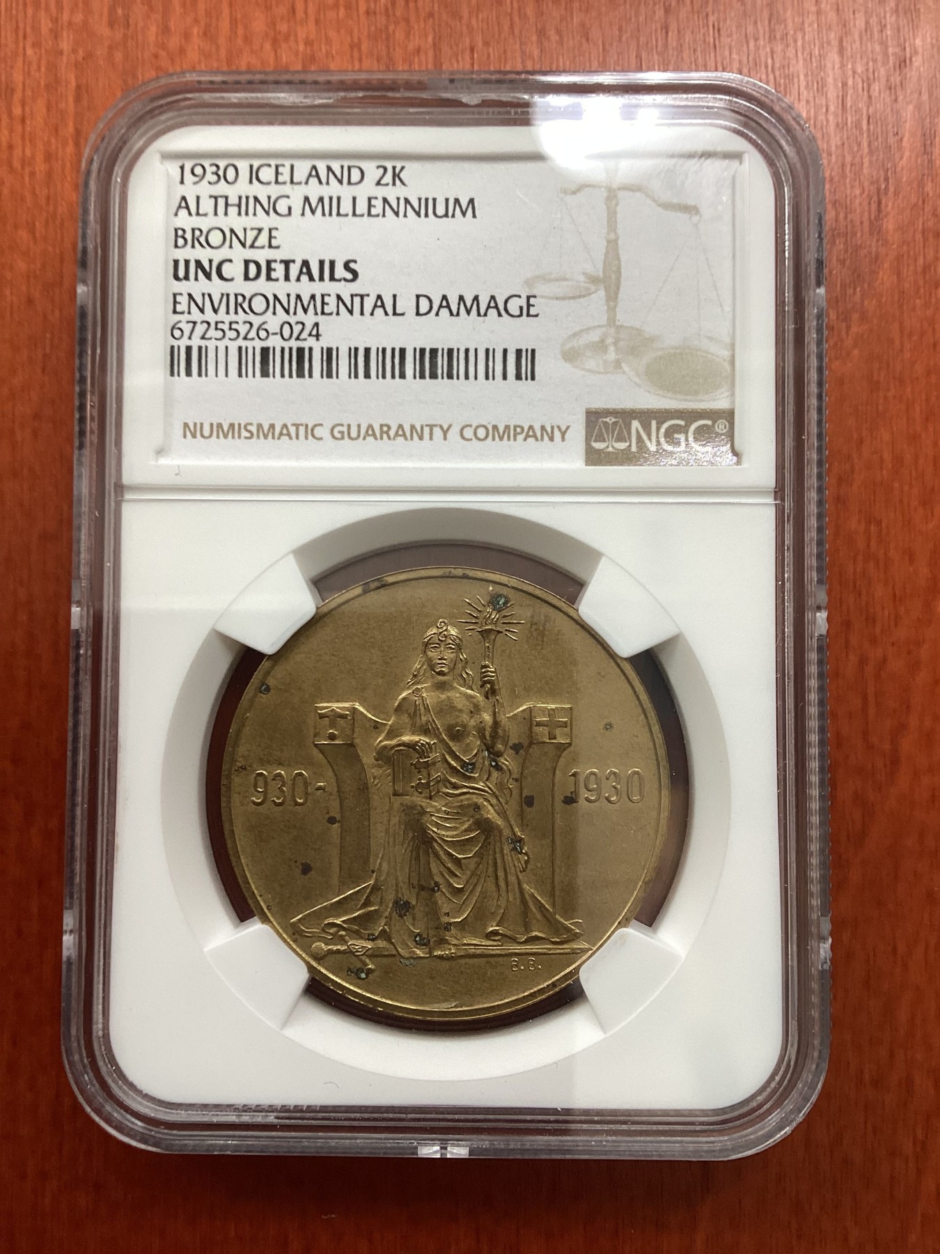 长老汇龙年精选第二场 1930冰岛议会千年2克朗大铜币，NGC UNC，珍稀币