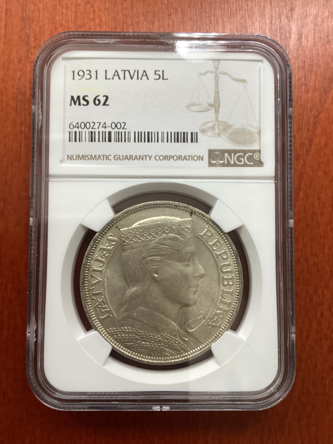 长老汇龙年精选第二场 1931 拉脱维亚谷物女神5拉特银币，NGC MS62分，去年暴涨品种