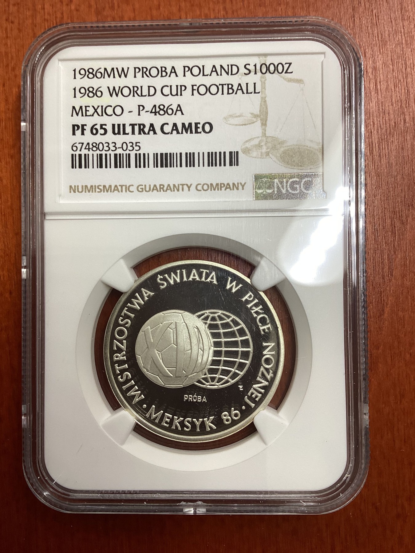 长老汇龙年精选第二场 1986MW PROBA 波兰 墨西哥世界杯1000兹罗提银样币，NGC MS65