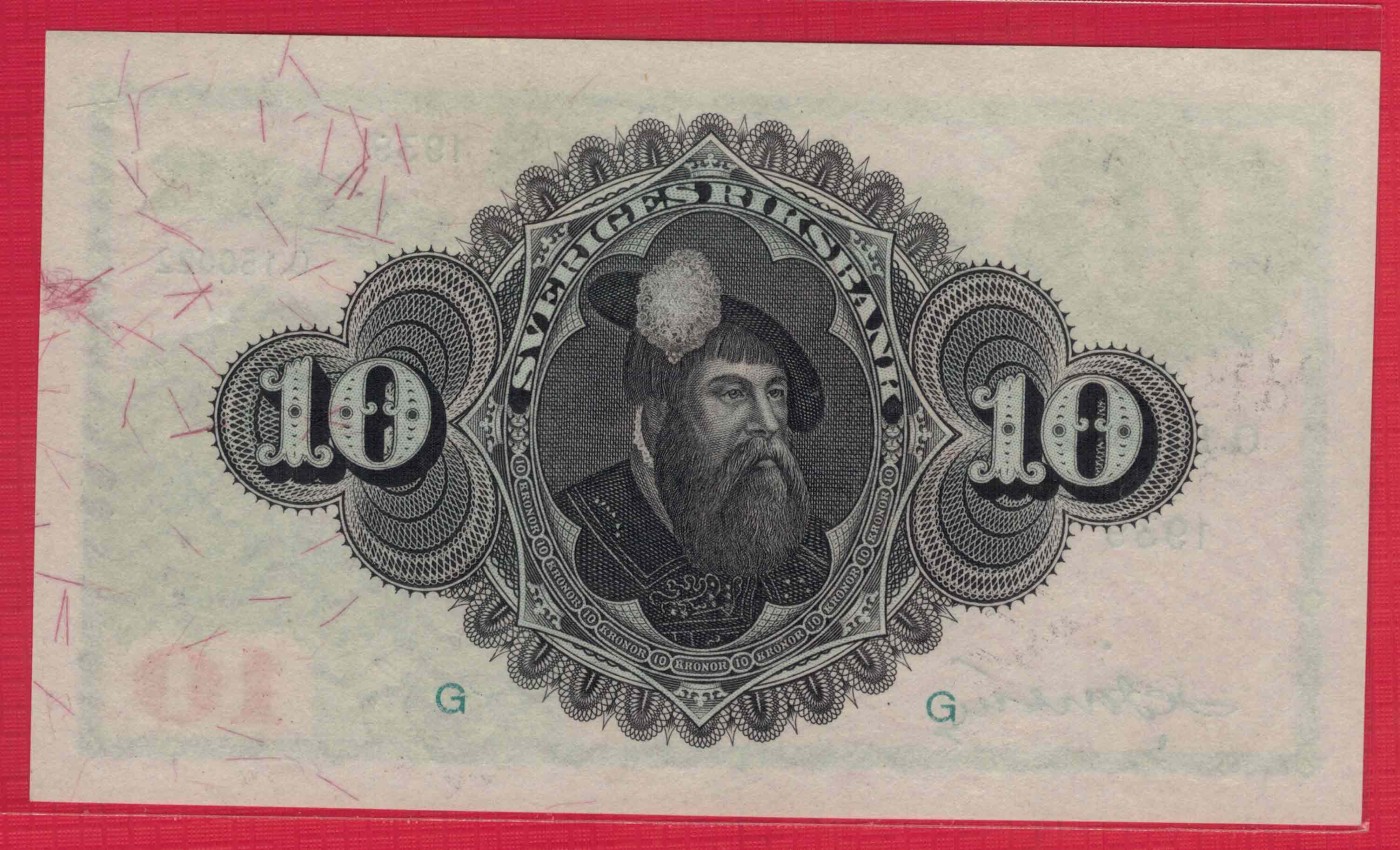 瑞典1939年10克郎 无47 22双尾 注意签名 欧洲纸币 实物如图 UNC