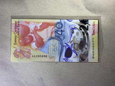 【礼羽收藏】全新UNC 2023年东加勒比2元央行成立四十周年塑料纪念钞，最佳已提名在C位，AA冠 AB冠 无47尾8 尾88 双尾靓号 倒置号 - AA395698