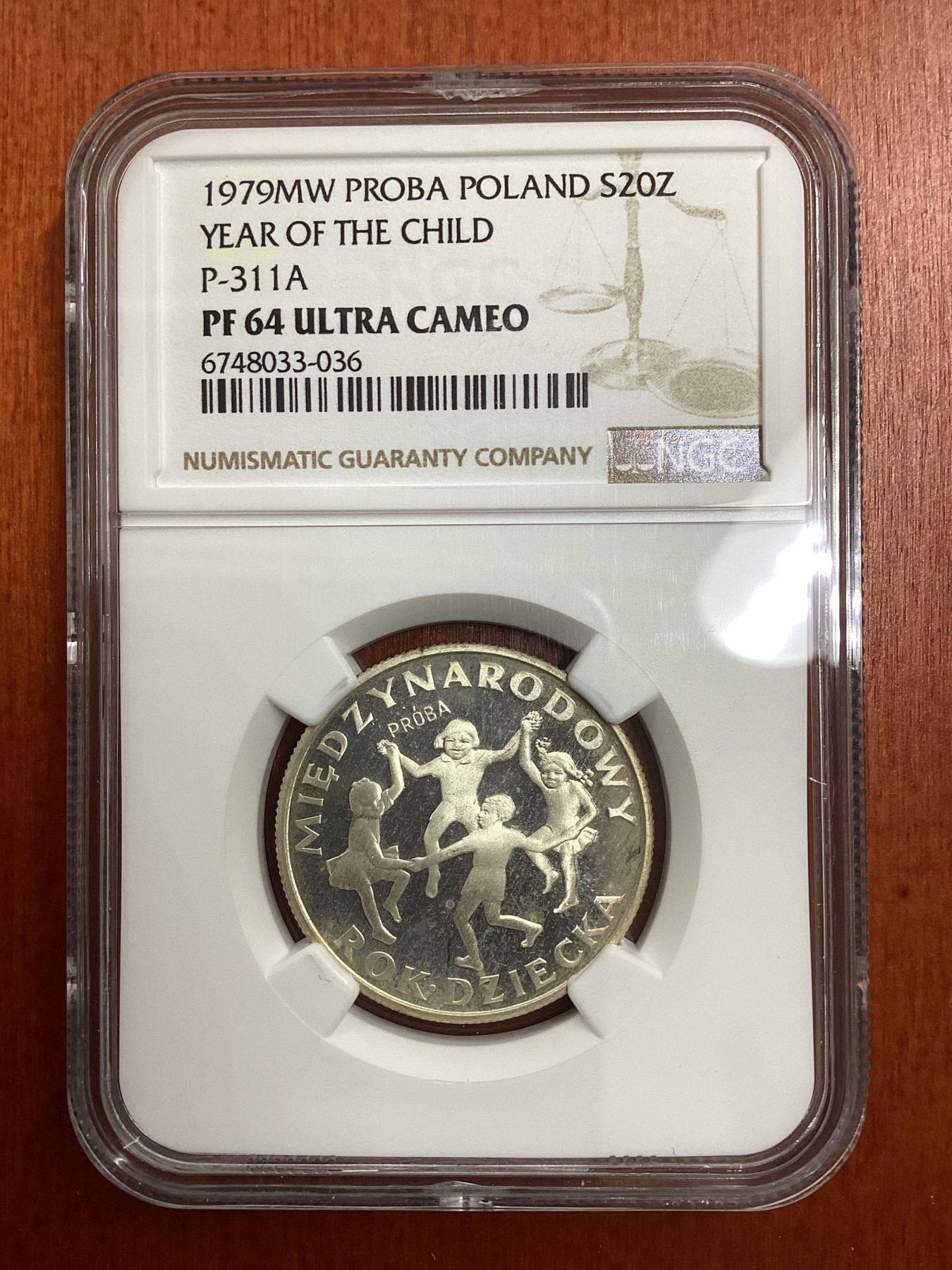 长老汇龙年精选第二场 1979MW PROBA 波兰儿童节20兹罗提精制银样币，NGC PF64UC，唯二亚军分，更高分仅有一枚