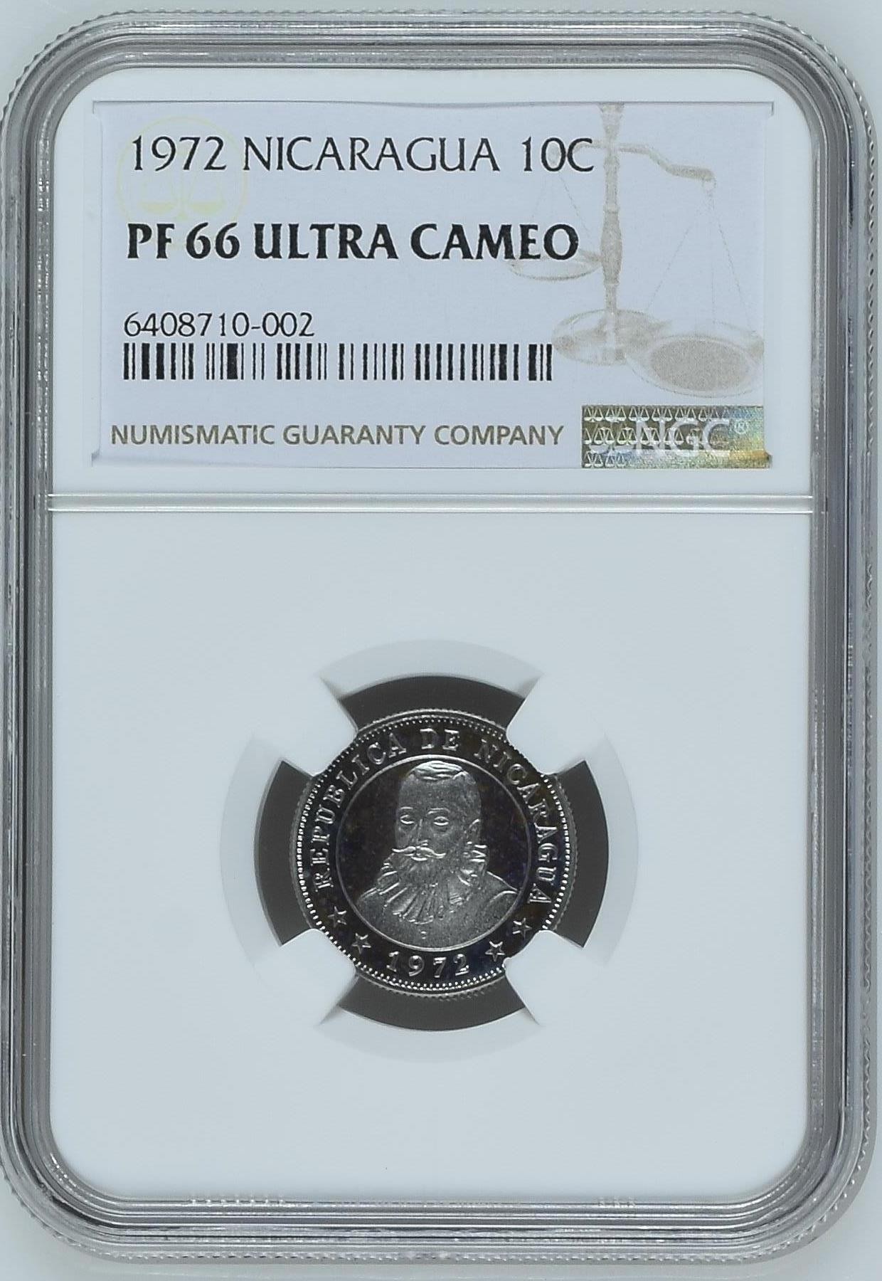 长老汇龙年精选第二场 1972 尼加拉瓜10分精制镍币，NGC PF66UC，更高分仅有10枚
