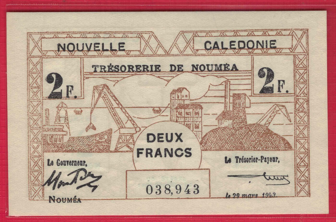 新喀里多尼亚1943年2法郎 P-56 大洋洲纸币 实物图 UNC