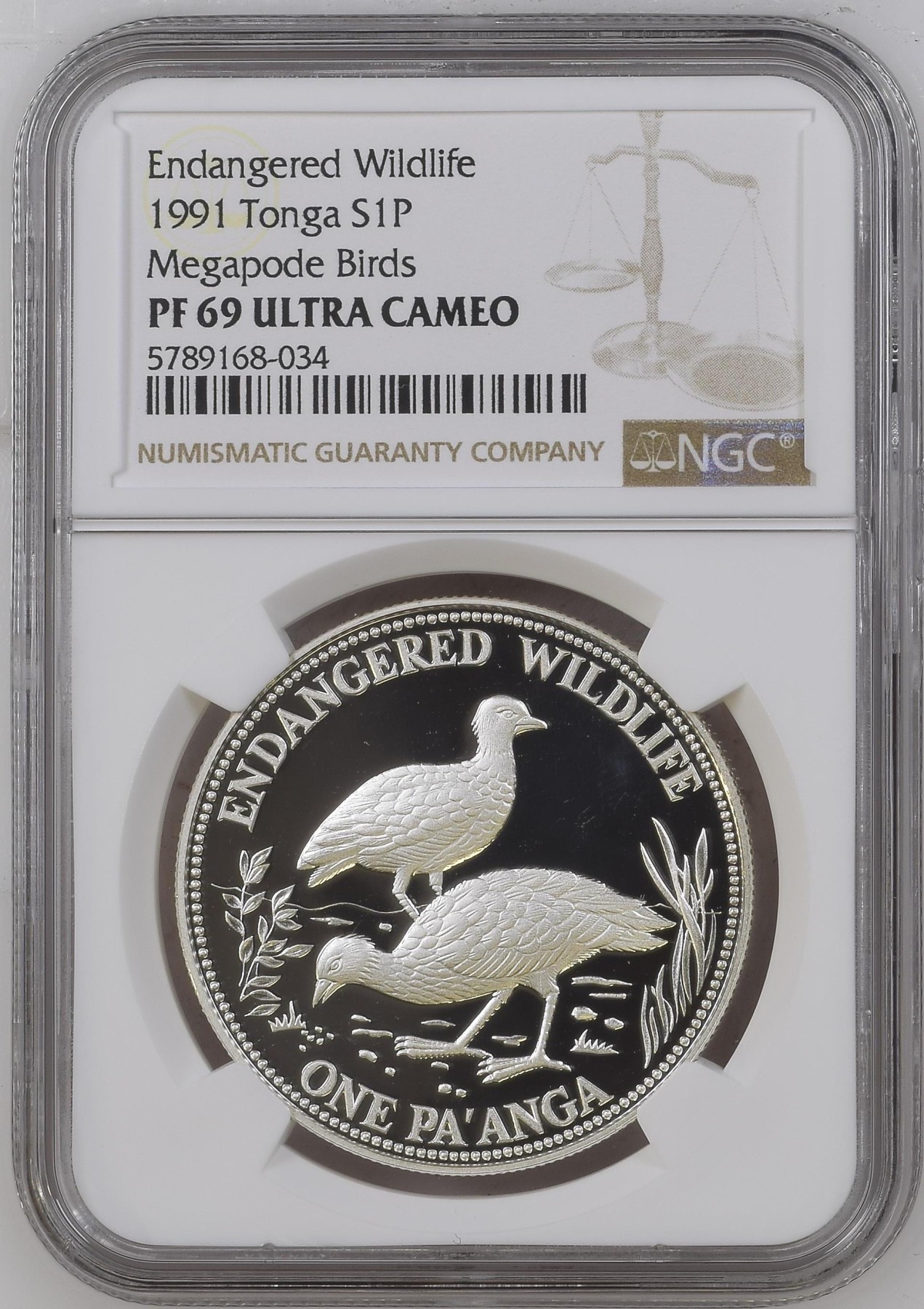 长老汇龙年精选第二场 1991 汤加濒危动物保护冢雉1潘加精制银币，NGC PF69UC，唯二冠军分