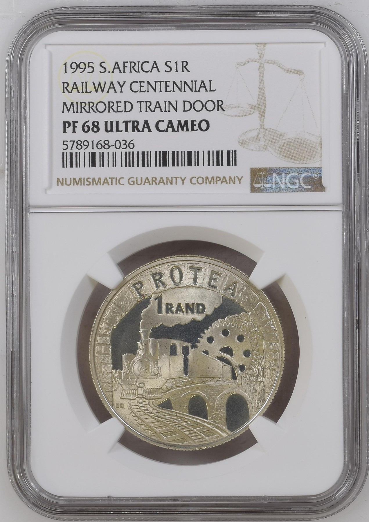 长老汇龙年精选第二场 1995 南非火车百年1朗德精制银币，NGC PF68UC，发行量4491枚
