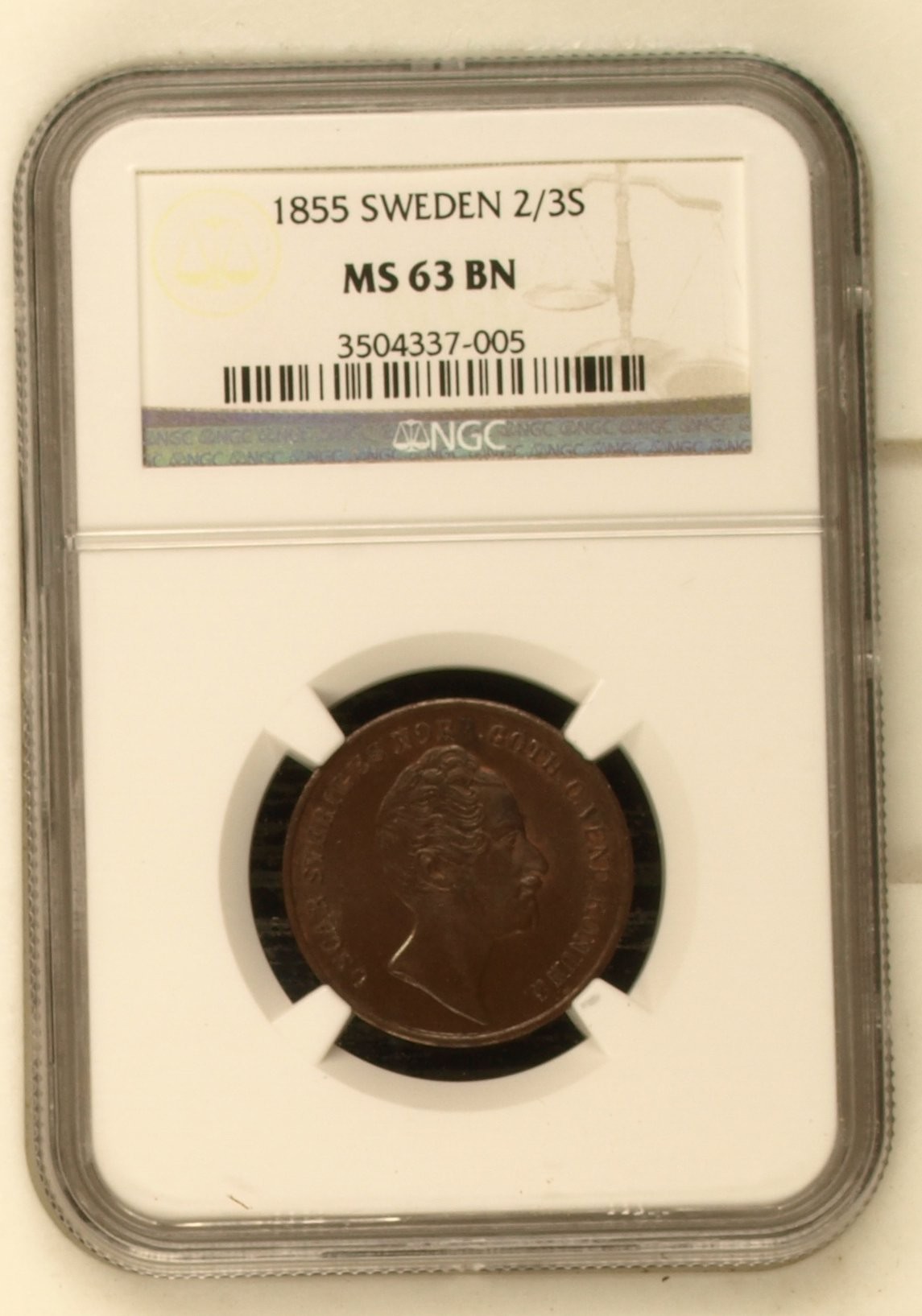 长老汇龙年精选第二场 1855 瑞典奥斯卡一世2/3斯吉林铜币，NGC MS63BN，唯一冠军分