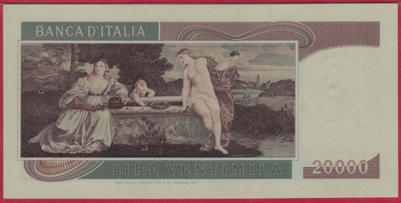 意大利1975年20000里拉 P-104 欧洲纸币 实物图 UNC