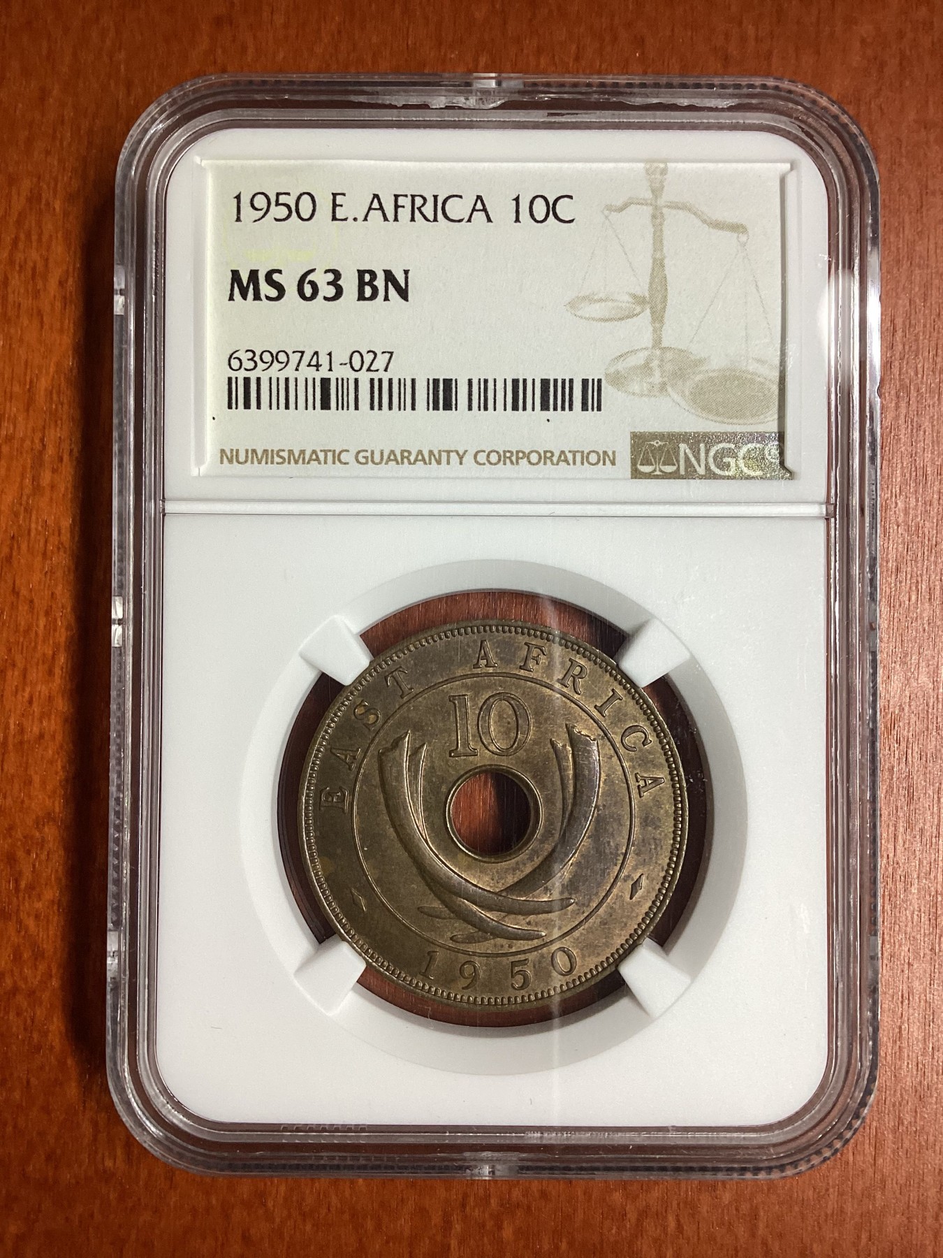 长老汇龙年精选第二场 1950 英属东非洲乔治六世10分铜币，NGC MS63BN，唯一冠军分