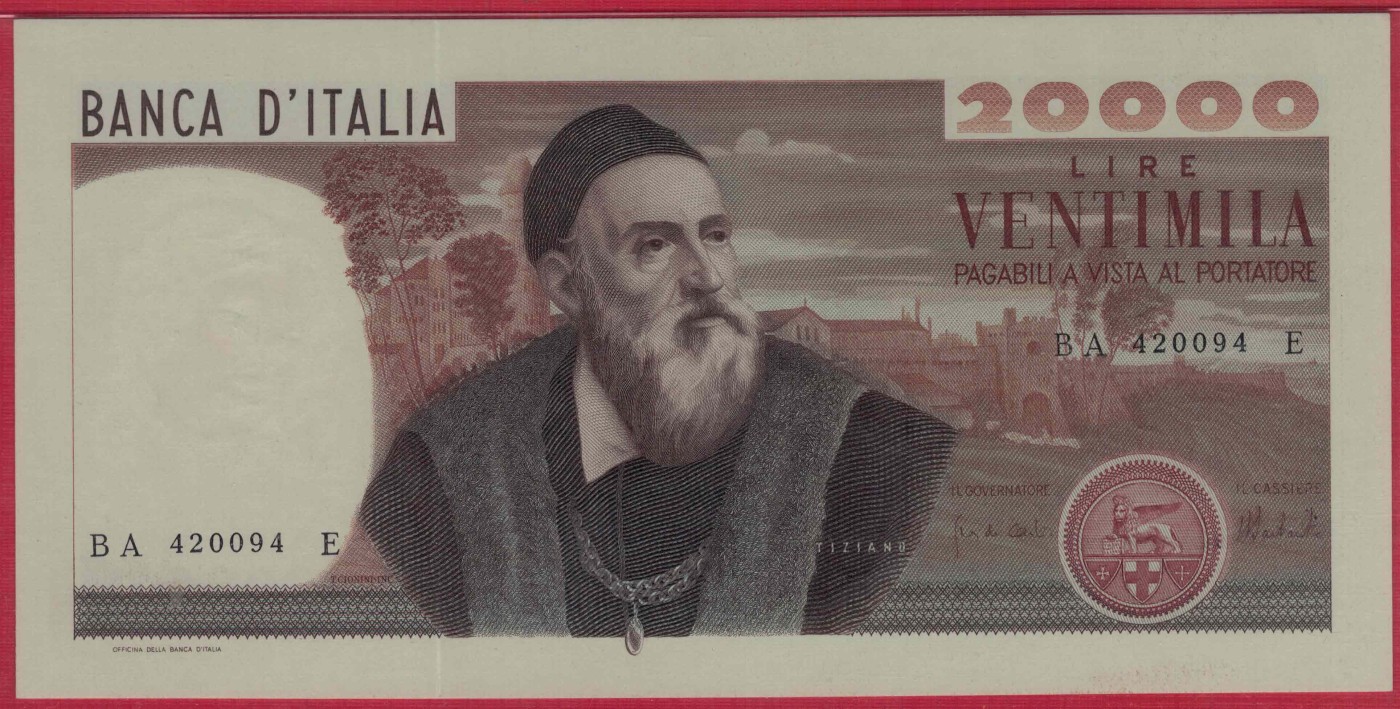 意大利1975年20000里拉 P-104 欧洲纸币 实物图 UNC