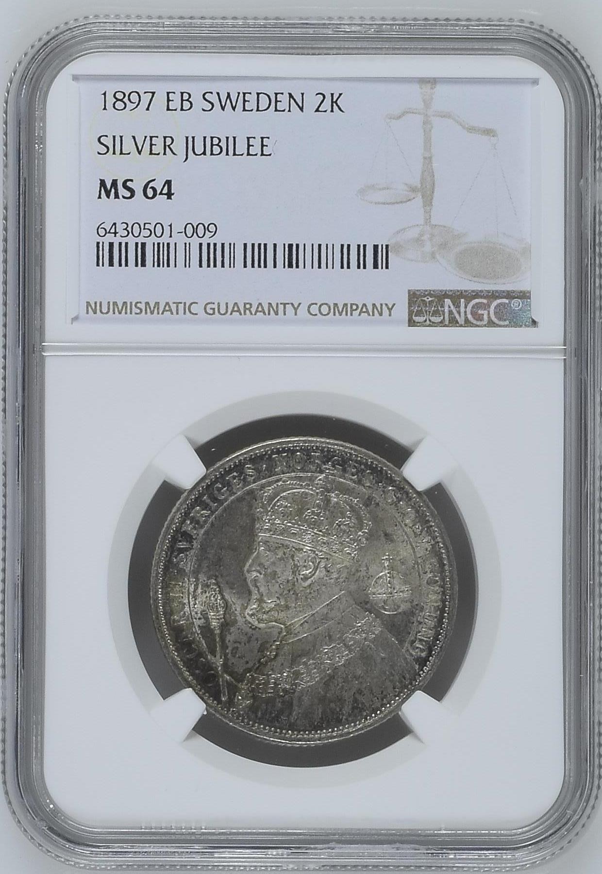 长老汇龙年精选第二场 1897 EB 瑞典奥斯卡二世执政25周年2克朗银币，NGC MS64分