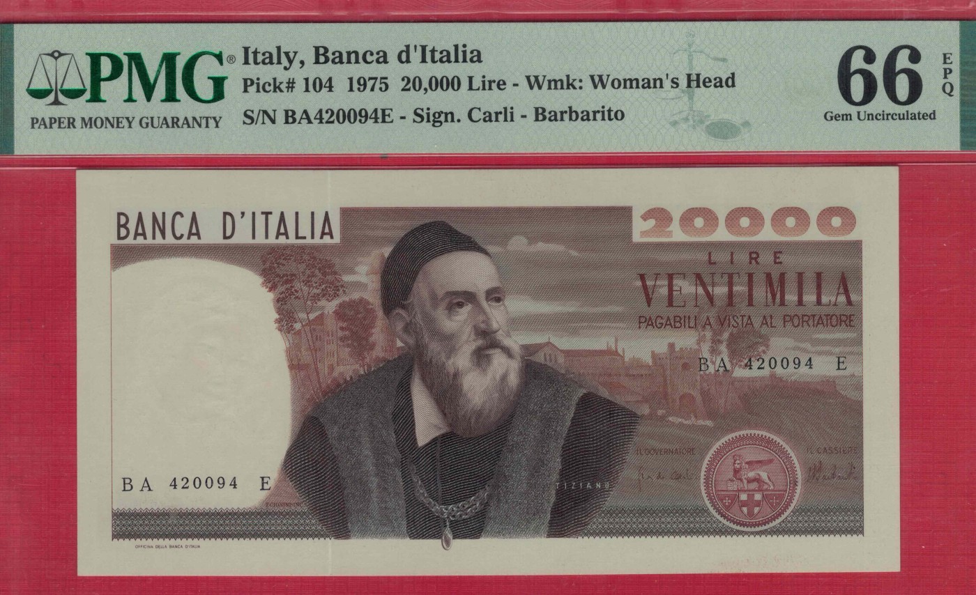 意大利1975年20000里拉 P-104 欧洲纸币 实物图 UNC
