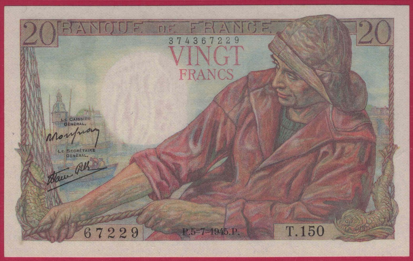 法国1945年50法郎 P-100b 无4 欧洲纸币 实物图 UNC