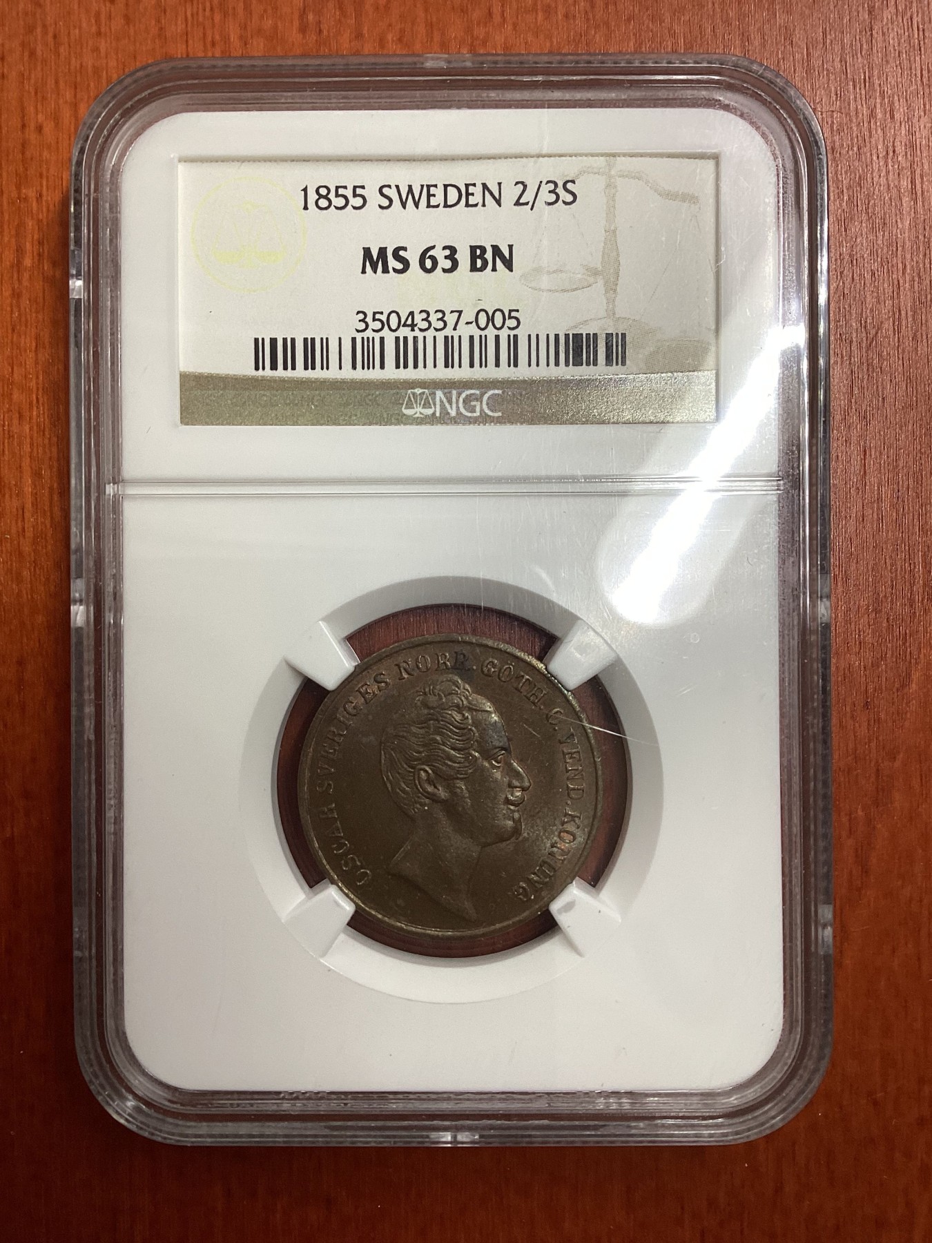 长老汇龙年精选第二场 1855 瑞典奥斯卡一世2/3斯吉林铜币，NGC MS63BN，唯一冠军分