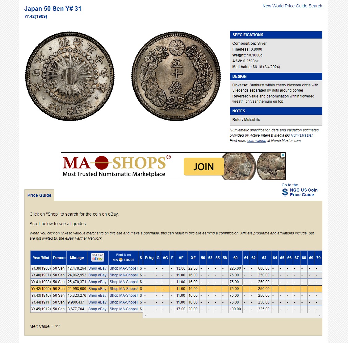 长老汇龙年精选第二场 M42(1909) 日本明治42年50钱银币，NGC MS64分
