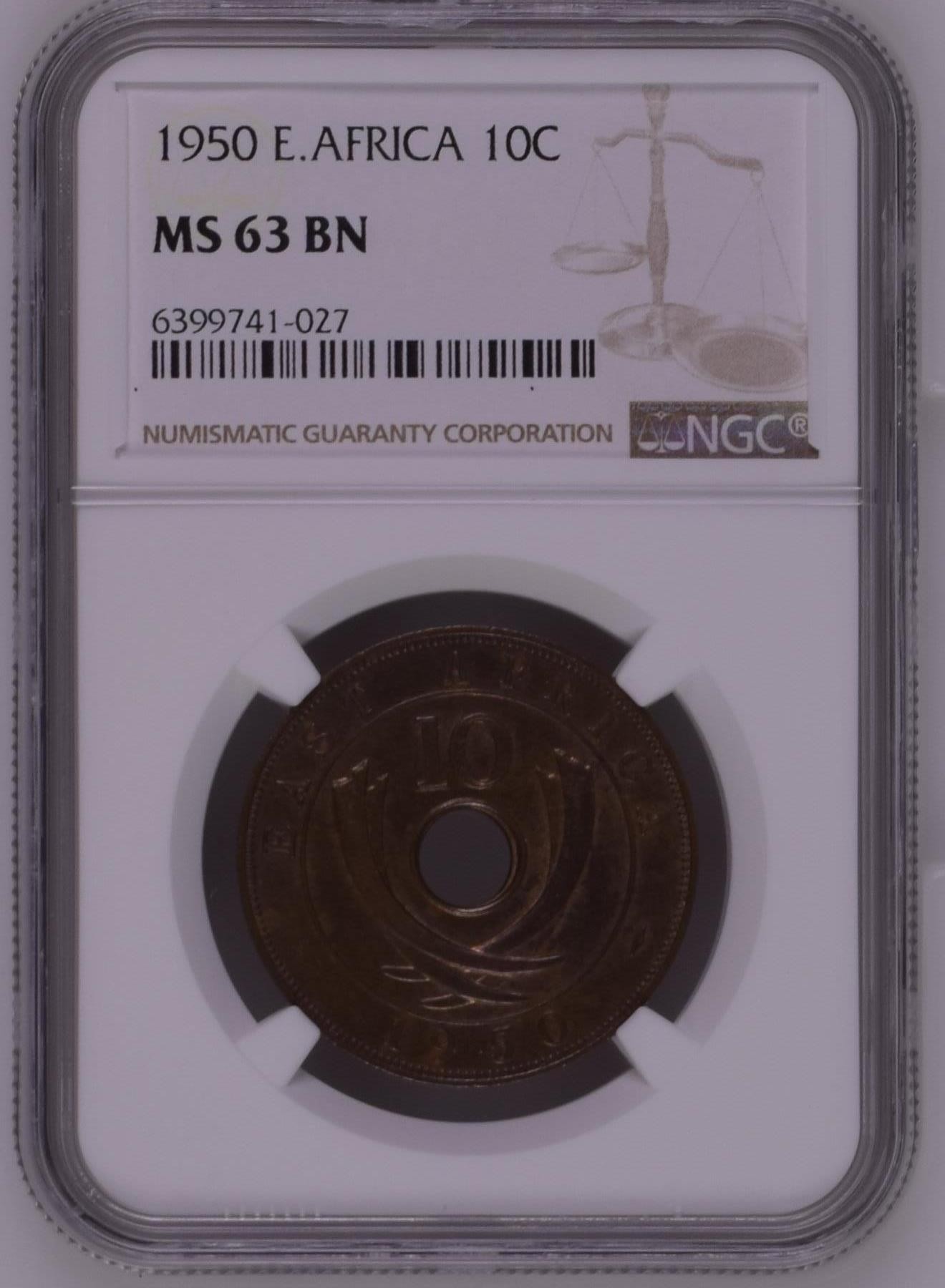 长老汇龙年精选第二场 1950 英属东非洲乔治六世10分铜币，NGC MS63BN，唯一冠军分