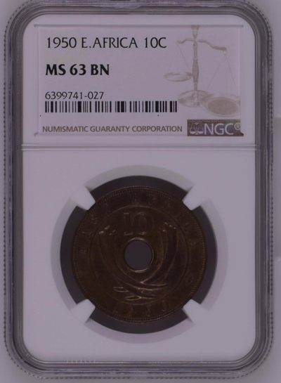 长老汇马年精选第十二场拍卖 - 1950 英属东非洲乔治六世10分铜币，NGC MS63BN，唯一冠军分