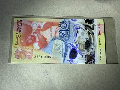 【礼羽收藏】全新UNC 2023年东加勒比2元央行成立四十周年塑料纪念钞，最佳已提名在C位，AA冠 AB冠 无47尾8 尾88 双尾靓号 倒置号 - AB8166606