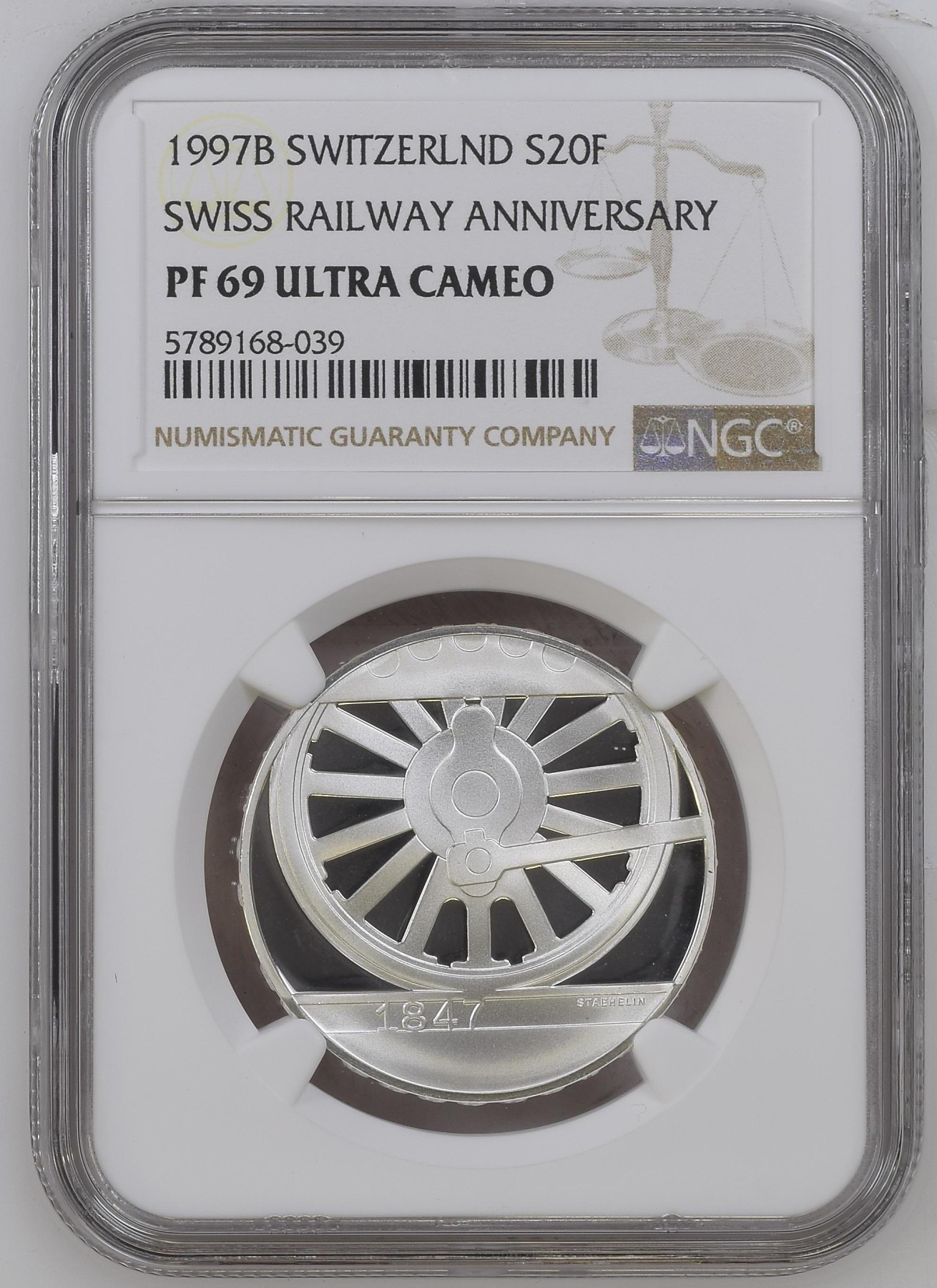 长老汇龙年精选第二场 1997B 瑞士火车百年20法郎精制银币，NGC PF69UC，唯二亚军，更高分仅有一枚