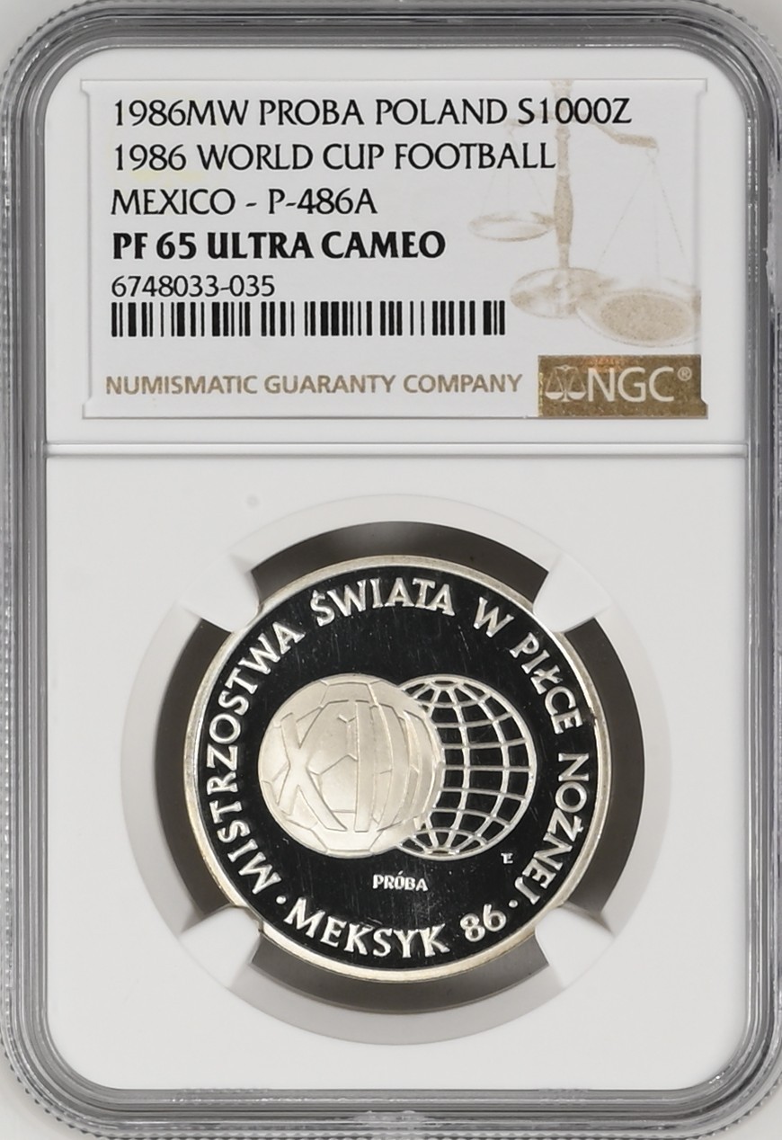 长老汇龙年精选第二场 1986MW PROBA 波兰 墨西哥世界杯1000兹罗提银样币，NGC MS65