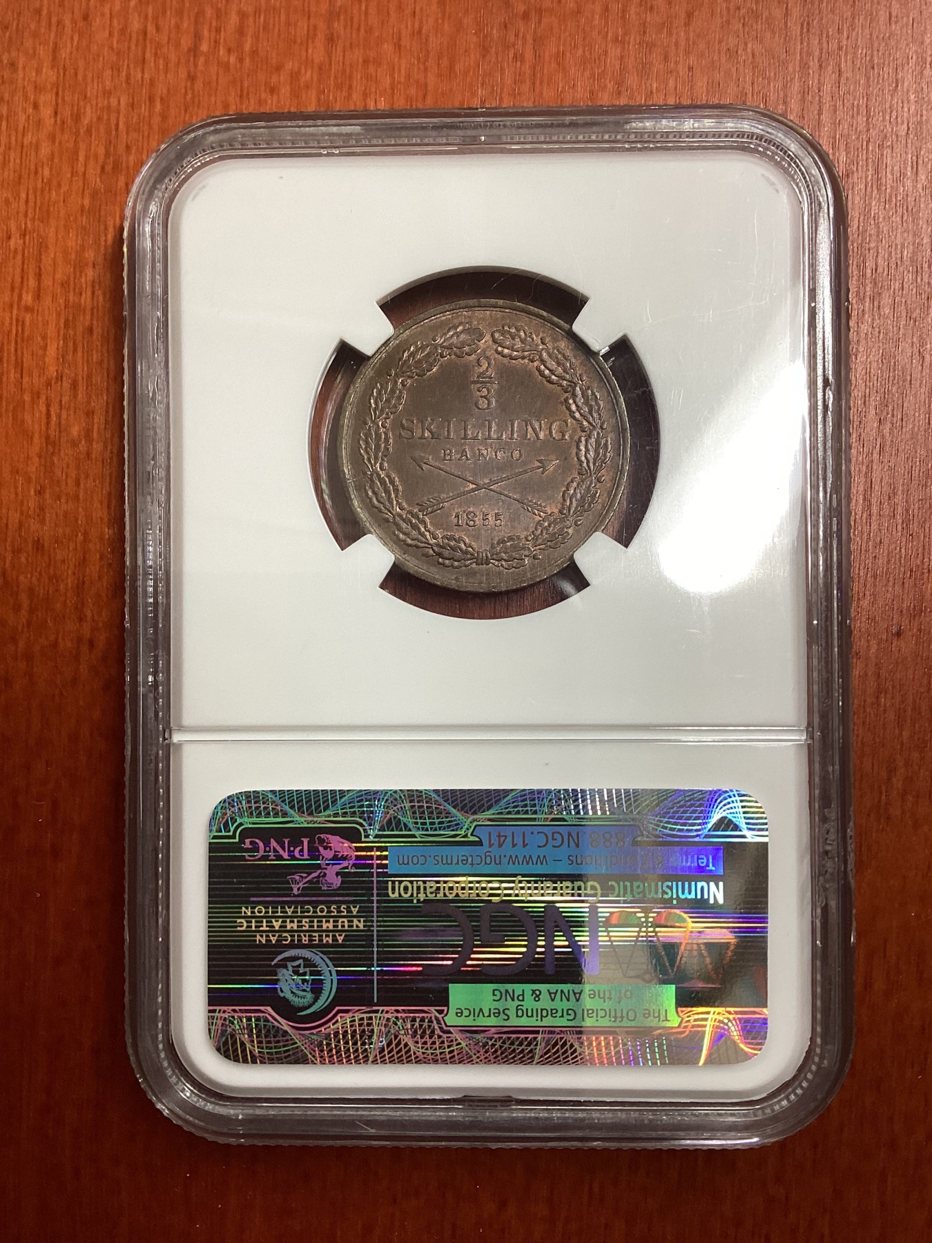 长老汇龙年精选第二场 1855 瑞典奥斯卡一世2/3斯吉林铜币，NGC MS63BN，唯一冠军分