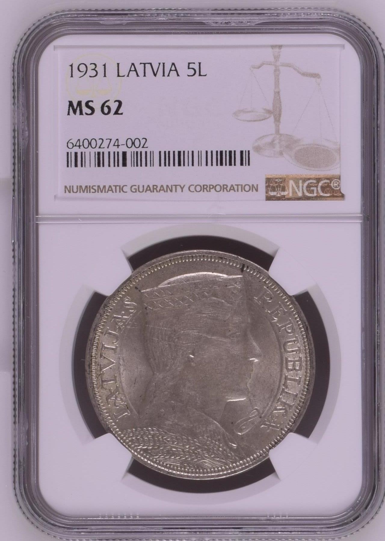 长老汇龙年精选第二场 1931 拉脱维亚谷物女神5拉特银币，NGC MS62分，去年暴涨品种