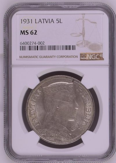 长老汇马年精选第七场拍卖 - 1931 拉脱维亚谷物女神5拉特银币，NGC MS62分，去年暴涨品种