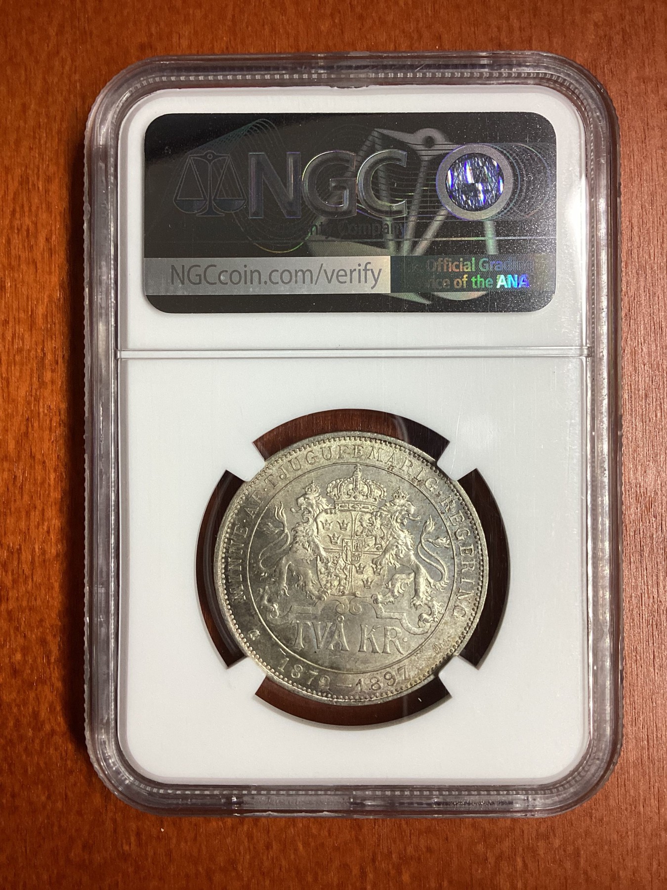 长老汇龙年精选第二场 1897 EB 瑞典奥斯卡二世执政25周年2克朗银币，NGC MS64分