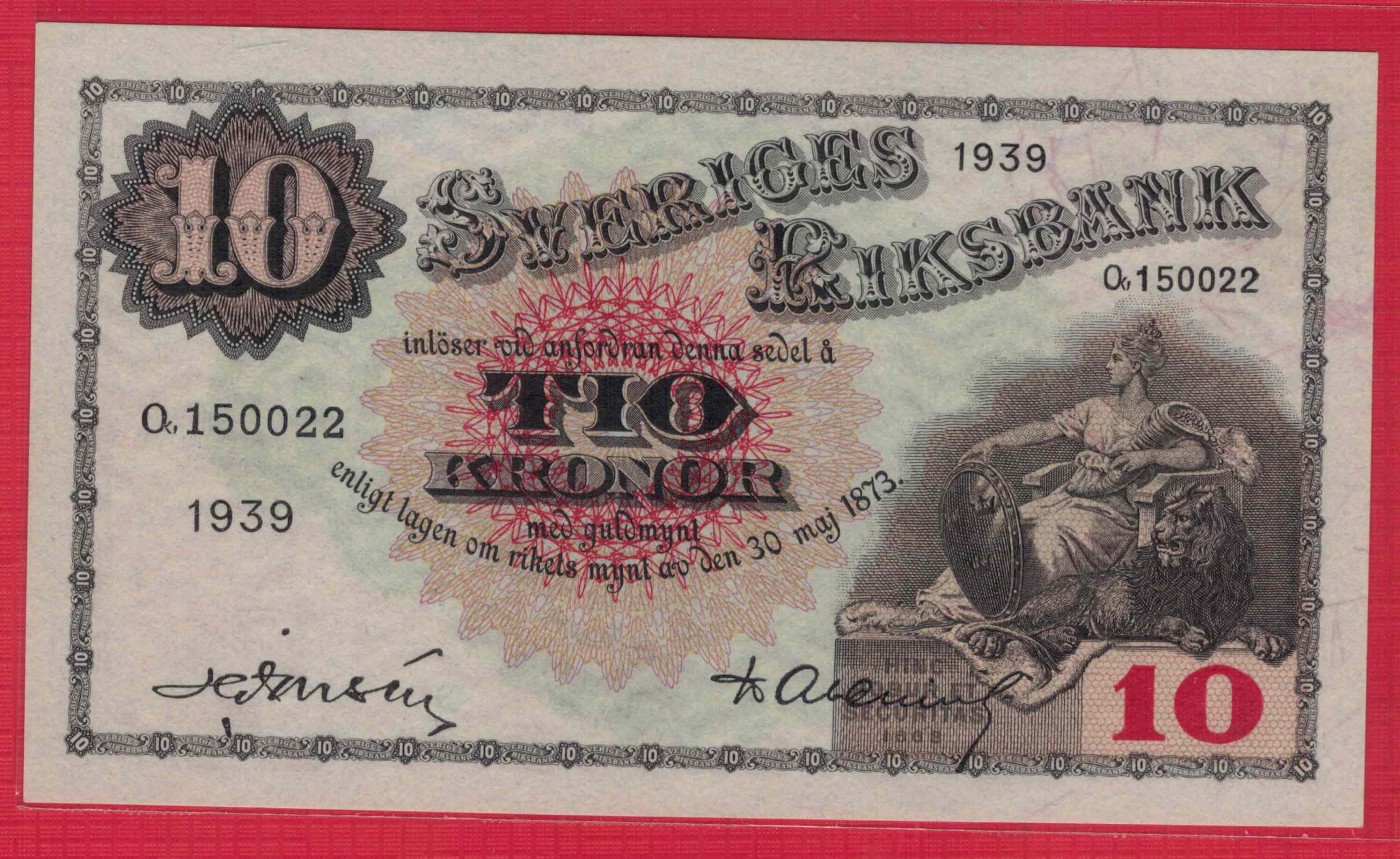 瑞典1939年10克郎 无47 22双尾 注意签名 欧洲纸币 实物如图 UNC