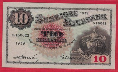 瑞典1939年10克郎 无47 22双尾 注意签名 欧洲纸币 实物如图 UNC - 瑞典1939年10克郎 无47 22双尾 注意签名 欧洲纸币 实物如图 UNC
